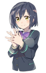 Rule 34 | 1girl, black hair, black jacket, bow, bowtie, breasts, closed mouth, commentary request, cropped torso, hair between eyes, hands up, jacket, large breasts, long sleeves, looking at viewer, nijisanji, own hands together, purple bow, purple bowtie, school uniform, shizuka rin, short hair, simple background, smile, solo, sou (tuhut), upper body, virtual youtuber, white background, yellow eyes