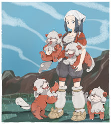 Rule 34 | 1girl, akari (pokemon), black hair, border, brown footwear, carrying, carrying under arm, closed mouth, commentary request, creatures (company), day, eyelashes, game freak, grass, grey eyes, head scarf, highres, hisuian growlithe, holding, holding pokemon, jacket, long hair, loose socks, mochi curry, nintendo, outdoors, pokemon, pokemon (creature), pokemon legends: arceus, ponytail, shoes, short sleeves, shorts, sidelocks, sky, socks, standing, white border, white headwear, white legwear