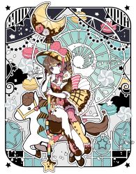 Rule 34 | 1girl, absurdres, ankle boots, asymmetrical footwear, bonnet, boots, border, brown footwear, brown hair, carousel, chocolate, closed mouth, colored skin, commentary, cookie, crescent, drill hair, elina (e2n04n), english commentary, english text, ferris wheel, flower, food, frills, hat, highres, horse, horseback riding, looking at viewer, medium hair, mismatched footwear, mixed-language commentary, multicolored clothes, multicolored footwear, original, outline, pink eyes, pink footwear, red flower, riding, sandwich cookie, short sleeves, signature, sitting, solo, star (symbol), strawberry hat ornament, striped clothes, striped footwear, thigh boots, thighhighs, uneven footwear, white border, white flower, white horse, white outline, white skin, yellow footwear, yellow hat