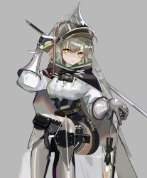 Rule 34 | 1girl, arknights, arm up, armored boots, black cape, black shorts, boots, breasts, bright pupils, brown hair, cape, crossed legs, enne kl, fartooth (arknights), feather trim, feet out of frame, gauntlets, grey background, grey footwear, high-waist shorts, highres, holding, holding sword, holding weapon, knee boots, knee pads, long hair, looking at viewer, medium breasts, orange eyes, shirt, shorts, simple background, solo, sword, thigh strap, v-shaped eyebrows, very long hair, visor (armor), weapon, white shirt
