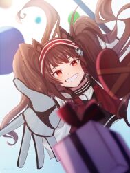 Rule 34 | 1girl, angelina (arknights), animal ears, arknights, black shirt, blue background, blurry, blurry foreground, box, brown hair, commentary request, depth of field, floating hair, gift, gift box, gloves, gradient background, grin, hairband, haiteng, heart-shaped box, jacket, long hair, looking at viewer, red eyes, red hairband, shirt, signature, smile, solo, striped clothes, striped hairband, twintails, very long hair, white background, white gloves, white jacket