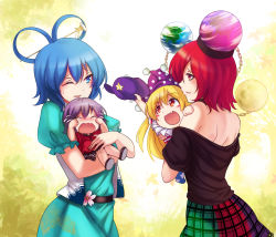 Rule 34 | 4girls, :d, absurdres, aged down, arm up, back, bare shoulders, black shirt, black skirt, blonde hair, blue dress, blue eyes, blue hair, blush, blush stickers, carrying, chain, clenched hands, clownpiece, crying, dress, earth (ornament), earth (planet), eye contact, eyebrows, falling leaves, fang, flower, flying teardrops, frilled sleeves, frills, hair between eyes, hair ornament, hair rings, hair stick, hand on another&#039;s shoulder, hat, hecatia lapislazuli, highres, holding, holding clothes, holding hat, jester cap, kaku seiga, koissa, lace, lace-trimmed dress, lace trim, leaf, long hair, looking at another, maple leaf, miyako yoshika, moon (ornament), mother and daughter, motion lines, multicolored clothes, multicolored skirt, multiple girls, neck ruff, no headwear, off-shoulder shirt, off shoulder, one eye closed, open mouth, orb, pink flower, plaid, plaid skirt, planet, polka dot, pom pom (clothes), puffy sleeves, purple hair, purple hat, red eyes, red hair, red shirt, shirt, shoes, short hair, short sleeves, sitting, skirt, smile, star (symbol), star print, striped, sweatdrop, tears, touhou, unworn hat, unworn headwear, upper body, wavy mouth