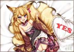 Rule 34 | :d, animal ears, areola slip, bed sheet, blonde hair, blush, detached collar, detached sleeves, eyebrows, flat chest, floral print, flower, fox ears, fox tail, hair flower, hair ornament, heart-shaped pillow, highres, japanese clothes, kayou (sennen sensou aigis), kimono, long hair, looking at viewer, minaha (playjoe2005), multiple tails, open mouth, pillow, purple eyes, sarashi, sennen sensou aigis, short eyebrows, smile, solo, tail, wide sleeves, yes-no pillow