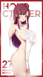 Rule 34 | 1girl, absurdres, ass, border, breasts, character name, daydarion, hand up, heterochromia, highres, hololive, houshou marine, large breasts, long hair, naked towel, open mouth, red border, red eyes, red hair, solo, towel, very long hair, virtual youtuber, wet, yellow eyes