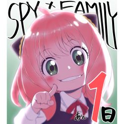 Rule 34 | 1girl, anya (spy x family), asano kyouji, black dress, child, close-up, copyright name, dress, finger to cheek, green eyes, hairpods, highres, looking at viewer, pink hair, pink ribbon, red ribbon, ribbon, smile, solo, spy x family, upper body