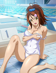 Rule 34 | 1girl, arm support, bachou mouki, bare arms, bare legs, barefoot, blue scrunchie, breasts, brown eyes, brown hair, cleavage, clothes pull, collarbone, covered navel, feet, hair between eyes, hair ornament, hair scrunchie, hairclip, high ponytail, ikkitousen, large breasts, legs, long hair, looking at viewer, one-piece swimsuit, one-piece swimsuit pull, open mouth, poolside, school swimsuit, scrunchie, sitting, solo, swimsuit, toes, white one-piece swimsuit