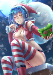 Rule 34 | 1girl, 2018, :d, arkfield, artist name, bare shoulders, blue hair, blush, boots, bow, bow choker, box, breasts, carrying over shoulder, choker, cleavage, cropped vest, detached sleeves, feet out of frame, full moon, fur-trimmed sleeves, fur trim, gift, gift box, green bow, green hair, grin, hat, high school dxd, highres, holding, holding gift, hood, hood down, hooded vest, hoodie, large breasts, long sleeves, looking at viewer, moon, multicolored hair, night, night sky, open clothes, open mouth, open vest, outdoors, outstretched arm, red bow, red choker, red footwear, red hat, red vest, sack, santa costume, santa hat, short hair, sitting, sky, smile, snowflakes, solo, streaked hair, striped clothes, striped thighhighs, teeth, thighhighs, thighs, vest, xenovia quarta, yellow eyes