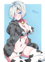Rule 34 | 1girl, animal print, artist name, bell, bikini, black jacket, blue background, blue eyes, breasts, cleavage, cow print, cowbell, cowboy shot, dated, eyes visible through hair, falco arrow, hair ornament, hair over one eye, hairclip, hamakaze (kancolle), highres, hood, hooded jacket, jacket, kantai collection, large breasts, print thighhighs, short hair, sitting, solo, swimsuit, thighhighs, white bikini, white hair, white thighhighs