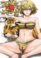 Rule 34 | 10s, 1girl, 2010, bare shoulders, blonde hair, blush, cholesenel, fang, lips, new year, short hair, solo, spread legs, tiger, yellow eyes