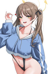 Rule 34 | 1girl, absurdres, black slingshot swimsuit, blue archive, blue hoodie, breasts, brown hair, candy, collarbone, cropped hoodie, doenji (auto7233), food, halo, highres, holding, holding candy, holding food, holding lollipop, hood, hoodie, large breasts, lollipop, looking at viewer, moe (blue archive), moe (swimsuit) (blue archive), navel, open mouth, saliva, saliva trail, simple background, solo, swimsuit, swimsuit under clothes, twintails, white background, yellow eyes