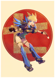 Rule 34 | 1girl, armor, bent over, blonde hair, blue eyes, blue hair, bowl, breasts, chopsticks, commentary request, fang, highres, holding, holding bowl, holding chopsticks, horns, jacket, large breasts, long legs, multicolored hair, nakamura eight, navel, open mouth, puffy short sleeves, puffy sleeves, puzzle &amp; dragons, short sleeves, sidelocks, smile, solo, two-tone hair, wings