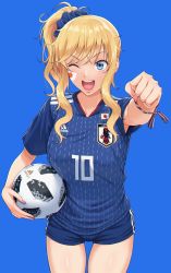 Rule 34 | 1girl, 2018 fifa world cup, :d, adidas, ball, blonde hair, blue eyes, blue shorts, clenched hand, commentary, cowboy shot, facepaint, facing viewer, fifa, highres, holding, holding ball, idolmaster, idolmaster cinderella girls, japan, japanese flag, jersey, logo, long hair, nigou, ohtsuki yui, one eye closed, open mouth, outstretched arm, ponytail, scrunchie, shirt, short shorts, shorts, sidelocks, smile, soccer, soccer ball, soccer uniform, sportswear, telstar 18, thigh gap, thighs, wavy hair, world cup