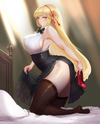 Rule 34 | 1girl, ass, bare shoulders, black skirt, blonde hair, blue eyes, blush, breasts, curvy, high-waist skirt, high heels, highres, kneeling, large breasts, last origin, leona (last origin), leona of blood &amp; iron, long hair, looking at viewer, no bra, on bed, revealing clothes, side slit, sideboob, skirt, solo, thick thighs, thighhighs, thighs