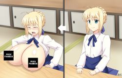 Rule 34 | 1girl, abridged-satoko, alternate breast size, artoria pendragon (all), artoria pendragon (fate), blonde hair, blue eyes, breast expansion, breasts, breasts out, censored, censored nipples, cleavage, fate/stay night, fate (series), highres, huge breasts, medium breasts, saber (fate)