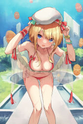Rule 34 | 1girl, absurdres, bikini, blonde hair, blue eyes, bob cut, bracelet, breasts, bush, cleavage, commentary request, hat, hat ribbon, highres, jewelry, knees together feet apart, leaning forward, looking at viewer, medium breasts, navel, off-shoulder shirt, off shoulder, open mouth, original, osisio, red bikini, ribbon, shirt, sidelocks, signature, solo, standing, swimsuit, thighhighs, veil, water drop, wet, white hat