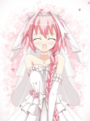 Rule 34 | 1boy, astolfo (fate), bare shoulders, blush, braid, bridal veil, bride, closed eyes, crossdressing, dress, dsag, elbow gloves, fang, fate/apocrypha, fate (series), gloves, hair ribbon, jewelry, long hair, male bride, male focus, necklace, open mouth, ornate ring, pink hair, ribbon, ring, single braid, smile, solo, trap, veil, wedding dress, wedding ring, white dress, white gloves