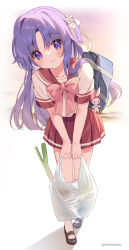 Rule 34 | 1girl, bag, black footwear, blush, closed mouth, commentary request, highres, leaning forward, long hair, looking at viewer, mary janes, natsuki marina, one side up, original, parted bangs, plastic bag, pleated skirt, purple eyes, purple hair, red sailor collar, red skirt, ribbon, sailor collar, school bag, school uniform, serafuku, shirt, shoes, short sleeves, skirt, smile, socks, solo, spring onion, white shirt, white socks