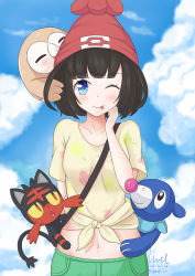 Rule 34 | 1girl, :p, bad id, bad pixiv id, beanie, blue eyes, blush, creatures (company), game freak, gen 7 pokemon, hat, litten, looking at viewer, midriff, navel, nintendo, one eye closed, player character, pokemon, pokemon (creature), pokemon sm, popplio, red hat, rowlet, selene (pokemon), short hair, smile, starter pokemon trio, tongue, tongue out, unel1211