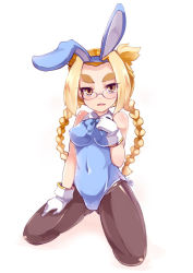 Rule 34 | 1girl, animal ears, bare shoulders, black pantyhose, blonde hair, braid, breasts, character request, covered navel, eyebrows, fake animal ears, glasses, gloves, lillithlauda, long hair, looking at viewer, medium breasts, original, pantyhose, rabbit ears, simple background, solo, thick eyebrows, twin braids, white background, white gloves, yellow eyes