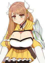 Rule 34 | 1girl, braid, breasts, brown hair, cleavage, closed mouth, fire emblem, fire emblem engage, goldmary (fire emblem), highres, kirby lord, large breasts, looking at viewer, mole, mole on breast, nintendo, shield, side braid, skirt, smile, solo, yellow eyes, yellow skirt