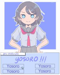 Rule 34 | 1girl, absurdres, blue eyes, blush, commentary, cursor, dialogue box, english commentary, english text, highres, love live!, love live! sunshine!!, necktie, school uniform, serafuku, short hair, simple background, smile, standing, tirasumiii, watanabe you