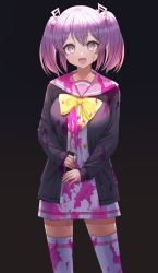 Rule 34 | 1girl, :d, blood, blood on clothes, bloody knife, bloody weapon, cardigan, dress, hair ornament, highres, holding, holding knife, knife, long sleeves, musical note, musical note hair ornament, open mouth, otonokoji kanade, pink blood, pink sailor collar, ppakunak, purple eyes, purple hair, ribbon, sailor collar, sailor dress, smile, solo, spoilers, super danganronpa another 2, twintails, weapon, white dress, yellow ribbon