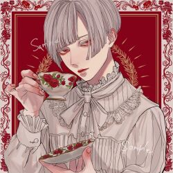 Rule 34 | 1boy, albino, bishounen, blunt bangs, border, buttoned cuffs, buttons, closed mouth, cup, fingernails, floral print, framed, frilled shirt, frills, hand up, highres, holding, holding cup, holding saucer, kagoya1219, lace, lace-trimmed shirt, lace trim, long sleeves, male focus, neck ribbon, original, outside border, print cup, red background, red eyes, ribbon, rose print, sample watermark, saucer, shirt, short hair, solo, straight hair, teacup, upper body, watermark, white border, white hair, white ribbon, white shirt