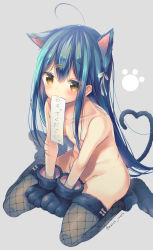 Rule 34 | ahoge, animal ears, animal hands, blue hair, blush, bottomless, bow, cat ears, cat tail, duplicate, fishnet legwear, fishnets, flat chest, gloves, heart, heart tail, highres, hinako note, long hair, march-bunny, mouth hold, natsukawa kuina, navel, pantyhose, paw gloves, paw shoes, shoes, stomach, stomach day, tail, thighhighs, thighs, white bow, yellow eyes