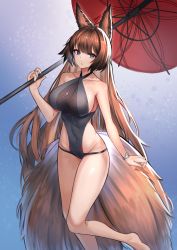 Rule 34 | absurdres, amagi (azur lane), animal ear fluff, animal ears, arm up, azur lane, bare hips, bare legs, bare shoulders, blue background, bracelet, breasts, brown hair, brown tail, cleavage, closed mouth, collarbone, commentary request, expressionless, fluff, fox ears, fox tail, groin tendon, hand up, head tilt, highres, holding, holding umbrella, huge filesize, jewelry, large breasts, long hair, long tail, looking at viewer, lordol, one-piece swimsuit, purple background, purple eyes, red umbrella, see-through, shiny skin, sidelocks, swimsuit, tail, two-tone background, umbrella, very long hair, white background