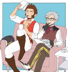 Rule 34 | 2boys, beard, blue eyes, brown hair, epaulettes, facial hair, fate/grand order, fate (series), glasses, grey hair, james moriarty (archer) (fate), long sideburns, long sleeves, male focus, multiple boys, muscular, mustache, napoleon bonaparte (fate), pants, pectorals, scar, shitappa, simple background, smile, uniform