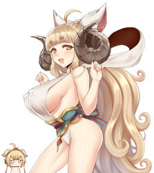 Rule 34 | 10s, 2girls, ahoge, andira (granblue fantasy), anila (granblue fantasy), animal ears, blonde hair, blush stickers, breast envy, breasts, chibi, chibi inset, draph, erune, flat chest, granblue fantasy, hikimayu, horns, huge breasts, lang (chikage36), long hair, looking at viewer, monkey ears, multiple girls, open mouth, sideboob, simple background, very long hair, white background, yellow eyes