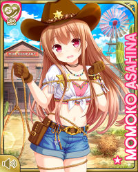 Rule 34 | 1girl, asahina momoko, belt, brown gloves, brown hair, brown hat, building, character name, clenched hands, cowboy hat, crop top, denim, denim shorts, girlfriend (kari), gloves, hat, lasso, long hair, midriff, navel, official art, open mouth, outdoors, pink shirt, pouch, qp:flapper, red eyes, rope, sheriff badge, shirt, short shorts, shorts, solo, white shirt, windmill