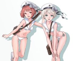 Rule 34 | 2girls, :d, alternate costume, aqua eyes, bad id, bad pixiv id, bag, beret, bikini, blonde hair, breasts, brown eyes, brown hair, butt crack, cancell, character name, clothes writing, cosplay, hat, highres, kantai collection, leaning forward, looking at viewer, matching outfits, multiple girls, navel, open mouth, sailor bikini, sailor collar, silhouette, simple background, small breasts, smile, smiley face, swimsuit, teeth, white background, white bikini, white hat, z1 leberecht maass (kancolle), z3 max schultz (kancolle), z3 max schultz (kancolle) (cosplay)