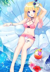 Rule 34 | 1girl, :d, armpits, bad id, bad pixiv id, bangle, barefoot, bikini, blonde hair, blue eyes, blush, bracelet, breasts, glasses, head tilt, holding, inflatable raft, jewelry, long hair, looking at viewer, navel, open mouth, original, pink bikini, ring, sitting, smile, solo, sparkle, sunglasses, swimsuit, thigh gap, twintails, usamito