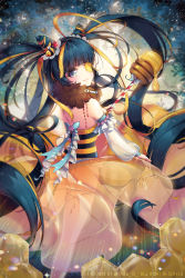Rule 34 | 1girl, bee girl, bee hair ornament, black hair, blonde hair, blue eyes, blush, detached sleeves, eyepatch, highres, holding, holding staff, honey, honeycomb (pattern), arthropod girl, long hair, long sleeves, multicolored hair, original, smile, snow is, snow is , solo, staff, twintails