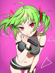 Rule 34 | 1girl, :q, ahoge, arm strap, bad id, bad pixiv id, bare shoulders, black shirt, black skirt, breasts, closed mouth, cowboy shot, crop top, delutaya, green hair, hair ornament, hand on own thigh, hand up, hatsuno xxx, highres, holding, indie virtual youtuber, long hair, looking at viewer, medium breasts, microphone, microskirt, midriff, navel, pink background, raised eyebrow, red eyes, shirt, simple background, skirt, sleeveless, sleeveless shirt, smile, solo, stomach, tongue, tongue out, twintails, virtual youtuber