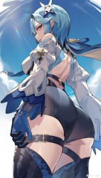 Rule 34 | 1girl, absurdres, ass, ass focus, bankongping, bare back, bare shoulders, black legwear, black shorts, blue hair, blue sky, breasts, chinese commentary, clothing cutout, commentary request, cowboy shot, day, eula (genshin impact), genshin impact, hair ornament, highres, juliet sleeves, large breasts, long hair, long sleeves, parted lips, puffy sleeves, shirt, short shorts, shorts, shoulder cutout, sky, solo, standing, thighs, white shirt, yellow eyes