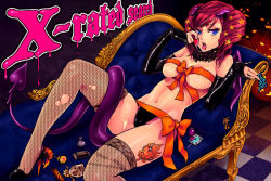Rule 34 | amatake akewo, blue eyes, cameltoe, candy, couch, fishnets, high heels, horns, open mouth, red hair, ribbon, tail, tattoo, thighhighs, tongue