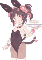 Rule 34 | 1girl, animal ears, bare shoulders, black hair, black leotard, blade (galaxist), blush, breasts, brown eyes, brown pantyhose, cat tail, commentary request, covered navel, fake animal ears, fang, flower, flying sweatdrops, hair bun, hair flower, hair ornament, hand up, holding, holding tray, kittysuit, leotard, looking at viewer, multicolored hair, multiple tails, nekoyama nae, nontraditional playboy bunny, open mouth, pantyhose, pink flower, pink hair, playboy bunny, rabbit ears, simple background, single hair bun, small breasts, solo, strapless, strapless leotard, sweat, tail, toranoana, tray, two-tone hair, two tails, virtual youtuber, white background, wrist cuffs