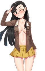 Rule 34 | 1girl, black hair, blush, breasts, girls und panzer, grey eyes, highres, jacket, long hair, looking at viewer, medium breasts, navel, nervous smile, nico-mo, nishi kinuyo, no bra, open clothes, open jacket, salute, skirt, smile, solo, sweat