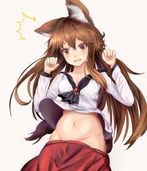 Rule 34 | 1girl, ^^^, animal ears, bare shoulders, blouse, blush, breasts, brooch, brown hair, cleavage, clothes pull, collarbone, dress, embarrassed, fang, fingernails, groin, highres, houdukixx, imaizumi kagerou, jewelry, long sleeves, medium breasts, midriff, navel, off shoulder, open mouth, red eyes, red skirt, shirt, simple background, skirt, skirt pull, solo, tail, touhou, white background, white shirt, wide sleeves, wolf ears, wolf tail