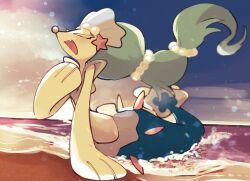 Rule 34 | animal focus, beach, blue sky, blush, closed eyes, cloud, colored eyelashes, colored skin, creatures (company), game freak, gen 7 pokemon, highres, long hair, multi-tied hair, nintendo, no humans, open mouth, pokemon, pokemon (creature), primarina, sand, sky, snout, solo, sstoh, very long hair, water, white skin
