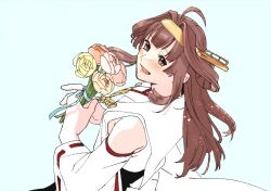 Rule 34 | 1girl, ahoge, aqua background, blush, bouquet, breasts, brown eyes, brown hair, detached sleeves, flower, hair bun, headgear, holding, holding bouquet, japanese clothes, kantai collection, kongou (kancolle), long hair, looking at viewer, medium breasts, nontraditional miko, open mouth, ribbon-trimmed sleeves, ribbon trim, shishanmo, simple background, solo, upper body