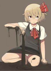 Rule 34 | 1girl, ascot, bad id, bad pixiv id, barefoot, blonde hair, darkness, embodiment of scarlet devil, female focus, hair ribbon, panties, red eyes, ribbon, rumia, short hair, sil, slime (substance), solo, squatting, supershiruco, touhou, underwear