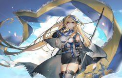 Rule 34 | 1girl, arknights, banner, bare shoulders, belt, belt pouch, black gloves, black skirt, blonde hair, blue eyes, blue hairband, blue necktie, blue sky, braid, breasts, closed mouth, cloud, day, detached collar, dragon horns, elbow gloves, elbow pads, fingerless gloves, floating hair, fringe trim, gloves, grey thighhighs, hairband, highres, holding, horns, long hair, medium breasts, miniskirt, necktie, outdoors, petals, pointy ears, pouch, saileach (arknights), signature, skindentation, skirt, sky, smile, solo, spade-m, thighhighs, twin braids, underbust, very long hair, watermark, wind, zettai ryouiki