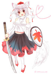 Rule 34 | 1girl, animal ear fluff, animal ears, artist name, bare shoulders, black skirt, blush, breasts, commentary request, detached sleeves, eyes visible through hair, fang, full body, geta, hair between eyes, hat, head tilt, heart, heart of string, highres, holding, holding shield, holding sword, holding weapon, inubashiri momiji, katana, kneehighs, leaf print, long sleeves, medium breasts, midriff, multicolored clothes, multicolored skirt, navel, open mouth, pom pom (clothes), ramudia (lamyun), red eyes, red footwear, red skirt, ribbon-trimmed sleeves, ribbon trim, shield, shirt, short hair, silver hair, simple background, skirt, smile, socks, solo, stomach, sword, tail, tassel, tengu-geta, tokin hat, touhou, turtleneck, twitter username, weapon, white background, white shirt, white socks, wide sleeves, wolf ears, wolf tail