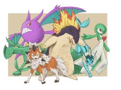 Rule 34 | 1girl, 1other, animal ears, arm at side, arm up, blue eyes, blue fur, bob cut, body fur, border, brown background, claws, closed mouth, colored sclera, colored skin, creatures (company), crobat, fang, fire, flat chest, full body, furry, game freak, gardevoir, gen 1 pokemon, gen 2 pokemon, gen 3 pokemon, gen 7 pokemon, green eyes, green hair, green skin, hair over one eye, highres, looking at viewer, looking to the side, lycanroc, lycanroc (midday), multicolored skin, neck fur, nintendo, one eye covered, open mouth, outside border, outstretched arm, pochi (01 01pochi), pokemon, pokemon (creature), red eyes, sceptile, short hair, simple background, standing, teeth, two-tone fur, two-tone skin, typhlosion, vaporeon, white border, white skin, yellow eyes, yellow fur, yellow sclera