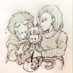 Rule 34 | 1boy, 2girls, :o, android 18, animal costume, animal ears, bell, black eyes, black hair, blush, cape, carrying, cat costume, cat ears, cat tail, child, dragon ball, dragonball z, earrings, family, father and daughter, halloween costume, happy, jack-o&#039;-lantern, jewelry, jingle bell, kuririn, long sleeves, looking at another, marron (dragon ball), monochrome, mother and daughter, multiple girls, nervous, open mouth, pumpkin, pumpkin bag, short hair, simple background, smile, sweatdrop, tail, tkgsize