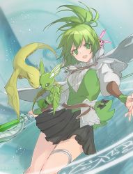 Rule 34 | 1girl, :d, armor, black bow, black skirt, blue background, bow, capelet, commentary request, cowboy shot, dragon, duel monster, faulds, green eyes, green hair, green ribbon, green shirt, hair ribbon, highres, holding, holding staff, key, light particles, long hair, looking at viewer, magic circle, open mouth, overshirt, petit dragon, pleated skirt, ponytail, puffy short sleeves, puffy sleeves, reaching, reaching towards viewer, ribbed shirt, ribbon, shirt, short sleeves, sidelocks, skirt, sleeves past wrists, smile, solo focus, staff, star (symbol), stuffed animal, stuffed rabbit, stuffed toy, swept bangs, test tube, thigh strap, tsumayouji (dekosoko), white capelet, white shirt, wynn (yu-gi-oh!), wynn the wind channeler, wynn the wind charmer, yu-gi-oh!
