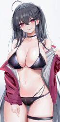 Rule 34 | 1girl, absurdres, ahoge, azur lane, bikini, black bikini, black choker, black hair, breasts, choker, cleavage, crossed bangs, highres, large breasts, long hair, looking at viewer, lshiki, navel, off shoulder, parted lips, red eyes, revision, smile, solo, stomach, swimsuit, taihou (azur lane), taihou (enraptured companion) (azur lane), thigh strap, thighs, very long hair